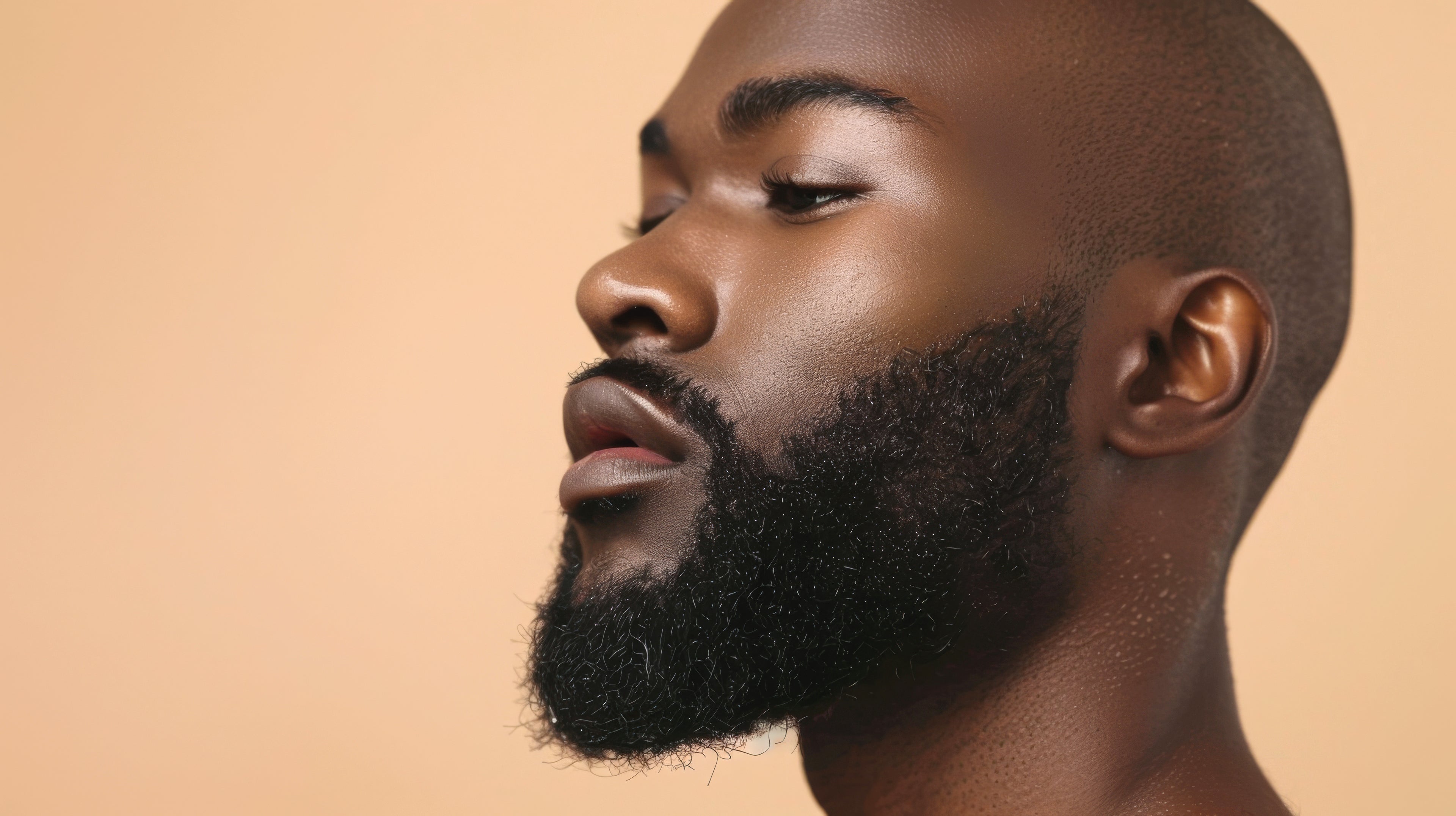 Peach background with black male with beard nourished with the bison gang beard oil